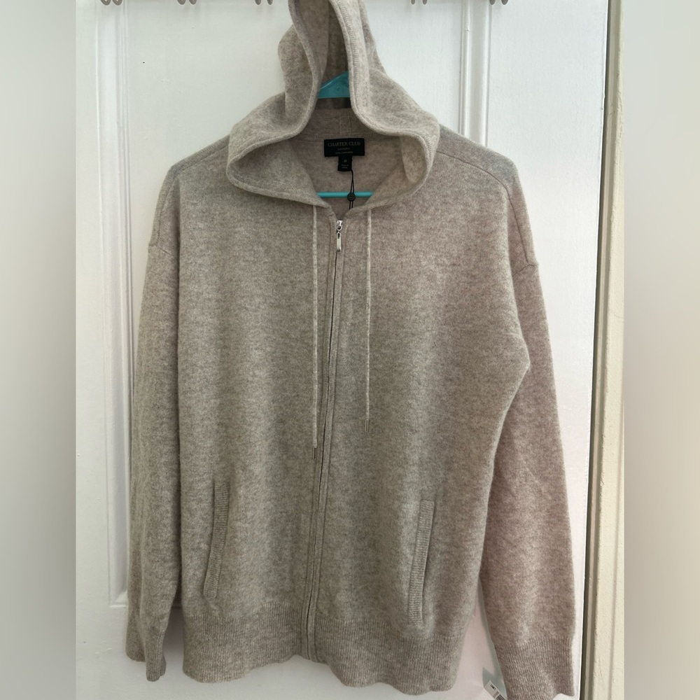 Charter Club Cashmere Light Beige Hooded Sweater Size M - Picture 2 of 5